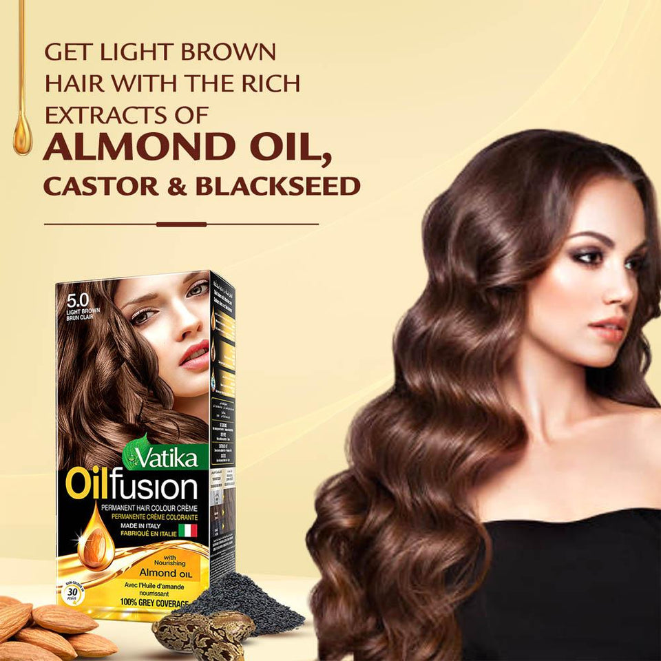Vatika Oil Fusion Permanent Hair Color Light Brown Ammonia-Free Formula 5.0