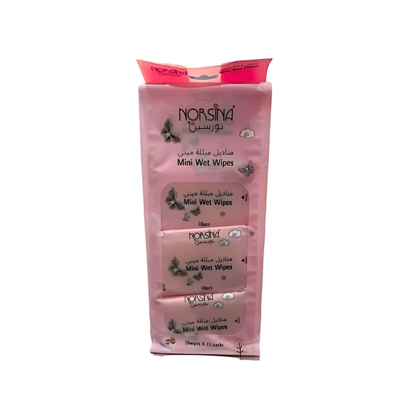 Norsina Mini Wet Wipes for Facial and Hand Cleaning 10 Count (12 Packs)