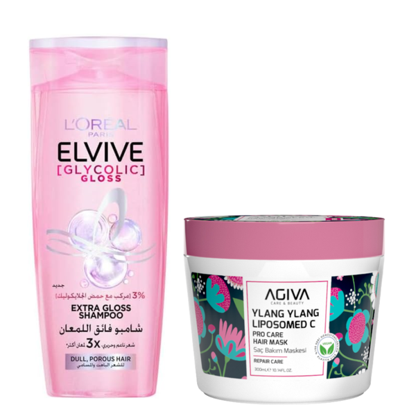 L'Oreal Paris Elvive Glycolic Gloss Shampoo & Agiva Vitamin C Mask Bundle