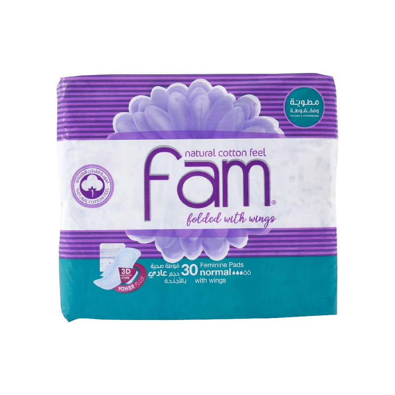 Fam Sanitary Pads Regular Size with Wings, 30 Count