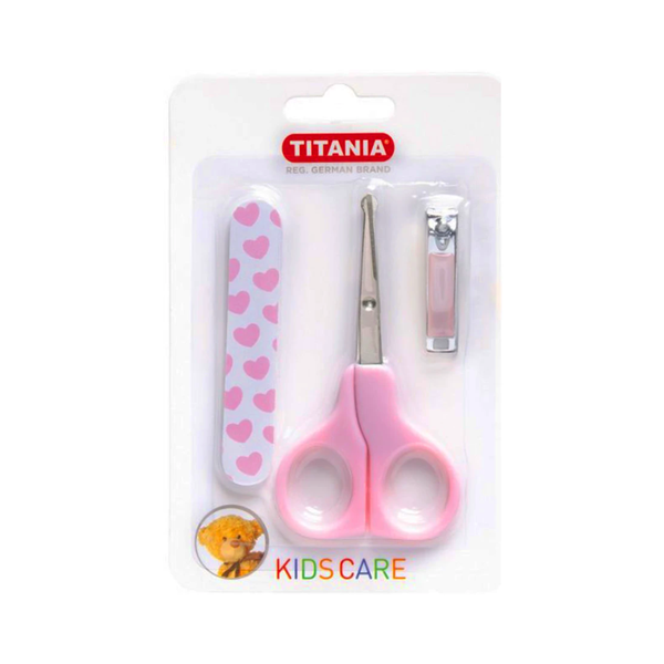 Titania Children's Nail Trimming Set with Clipper, Scissors, and File - Pink