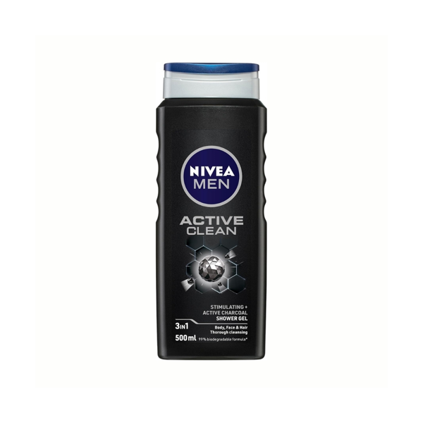 Nivea Men Active Clean Charcoal Shower Gel Face Body Hair 500ml