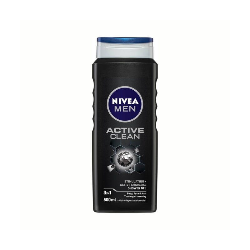 Nivea Men Active Clean Charcoal Shower Gel Face Body Hair 500ml