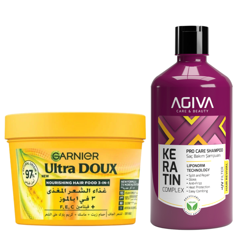 Agiva Keratin Acacia Collagen Shampoo Garnier Banana Mask Set