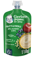 Gerber Puree Pouch Organic Fruit and Cereal Apple Blueberry Oats 110g