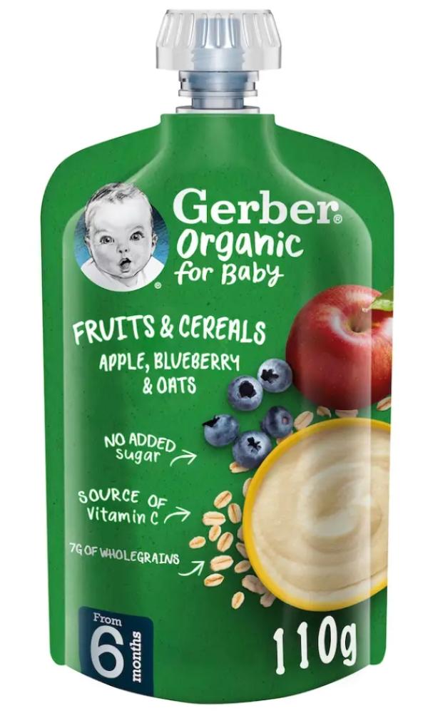 Gerber Puree Pouch Organic Fruit and Cereal Apple Blueberry Oats 110g