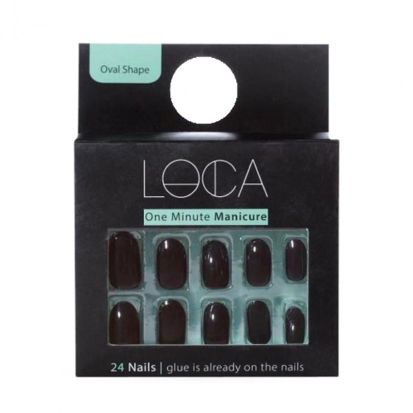 Black Press On Nails Oval Shape Adhesive Set LOCA 24 Pcs