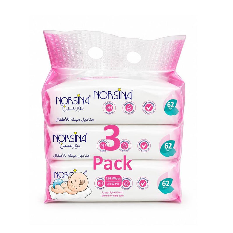 Baby Wipes Gentle Cleansing Norisina 3x62 Wipes Pink
