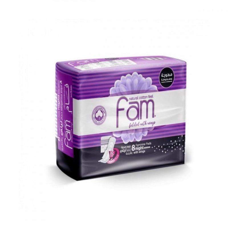 Fam Maxi Folded Night Sanitary Pads with Wings, 8 Count