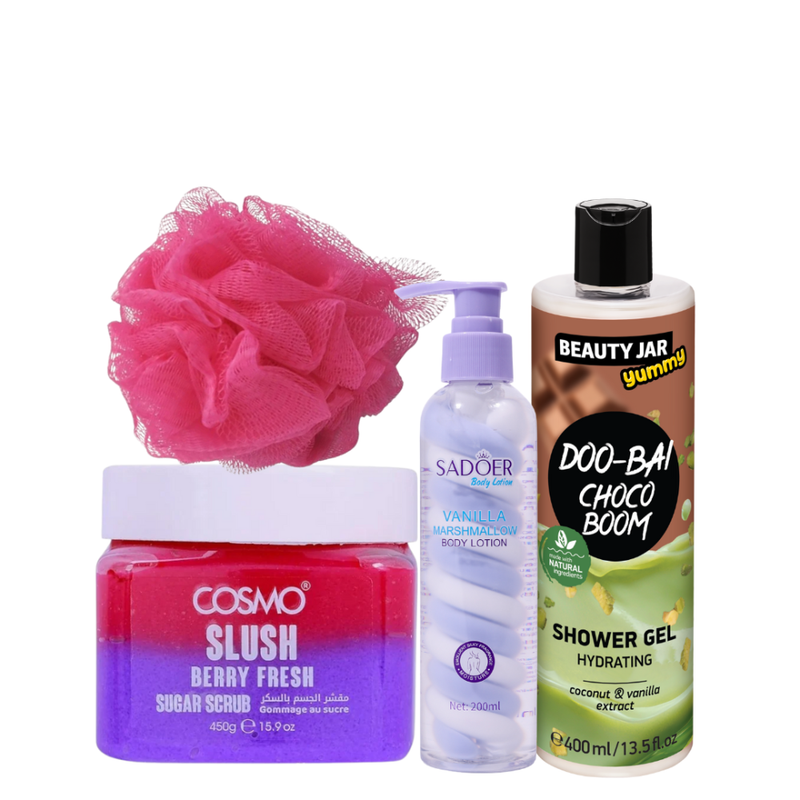 Sweet Relax Body Care Set - Berry Sugar Scrub, Choco Shower Gel, Vanilla Lotion, Sponges