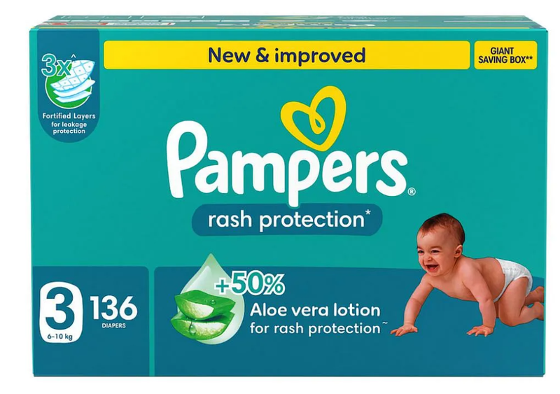 Pampers Diapers Taped Rash Protection Giant Box Size 3 136 Count