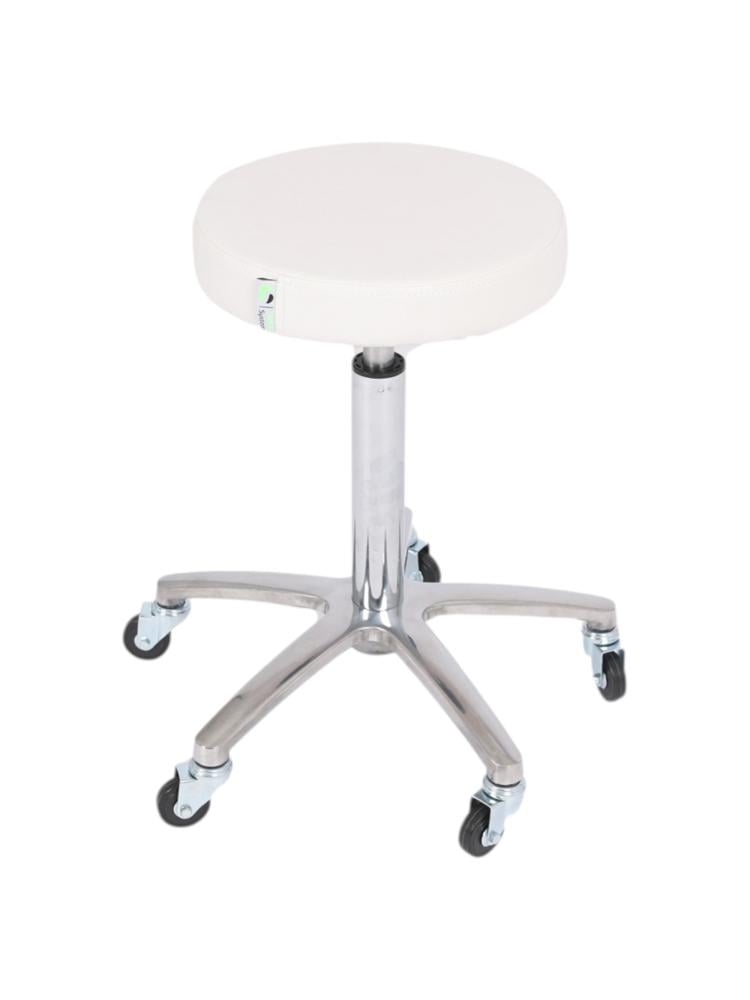 Salon System White Round Staff Chair with Wheels and Hydraulic Lift
