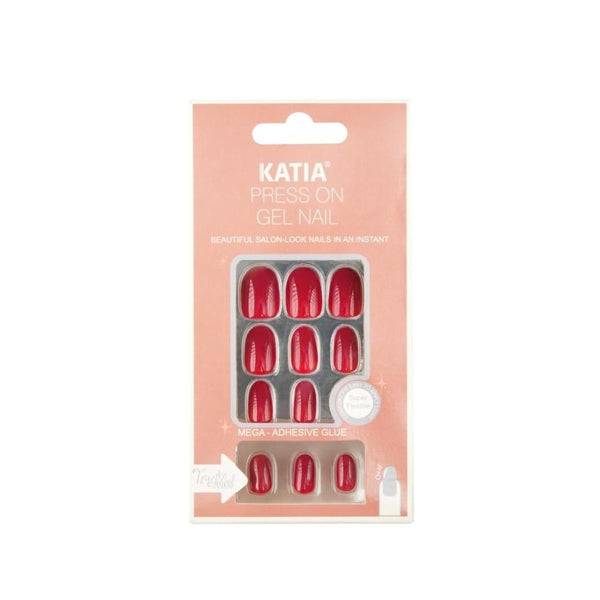 Katia Oval Gel Self-Adhesive Nails, Glossy Red, 22 Count