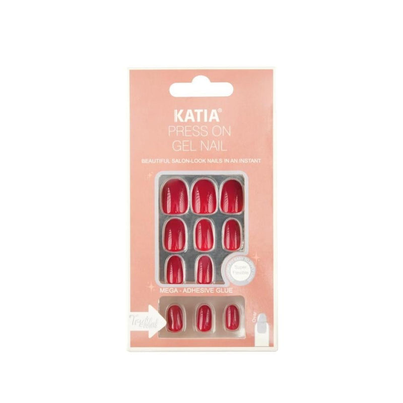 Katia Oval Gel Self-Adhesive Nails, Glossy Red, 22 Count