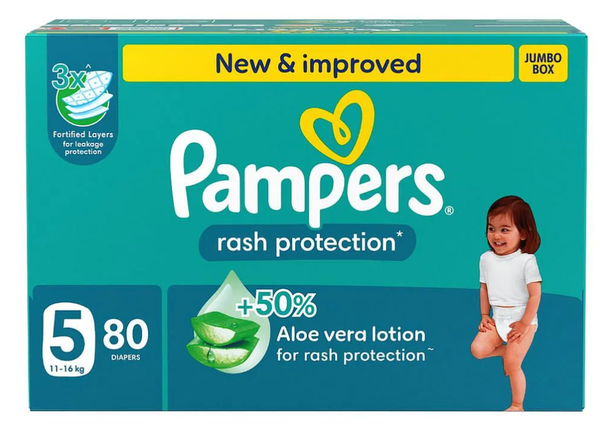 Pampers Diapers Taped Rash Protection Jumbo Box Size 5 80 Count