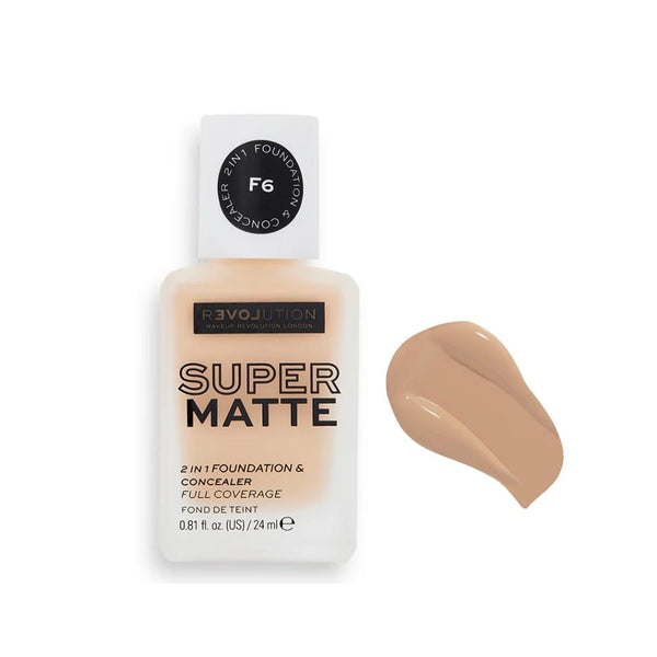 Revolution Super Matte Foundation, F6 Full Coverage Liquid, 24ml