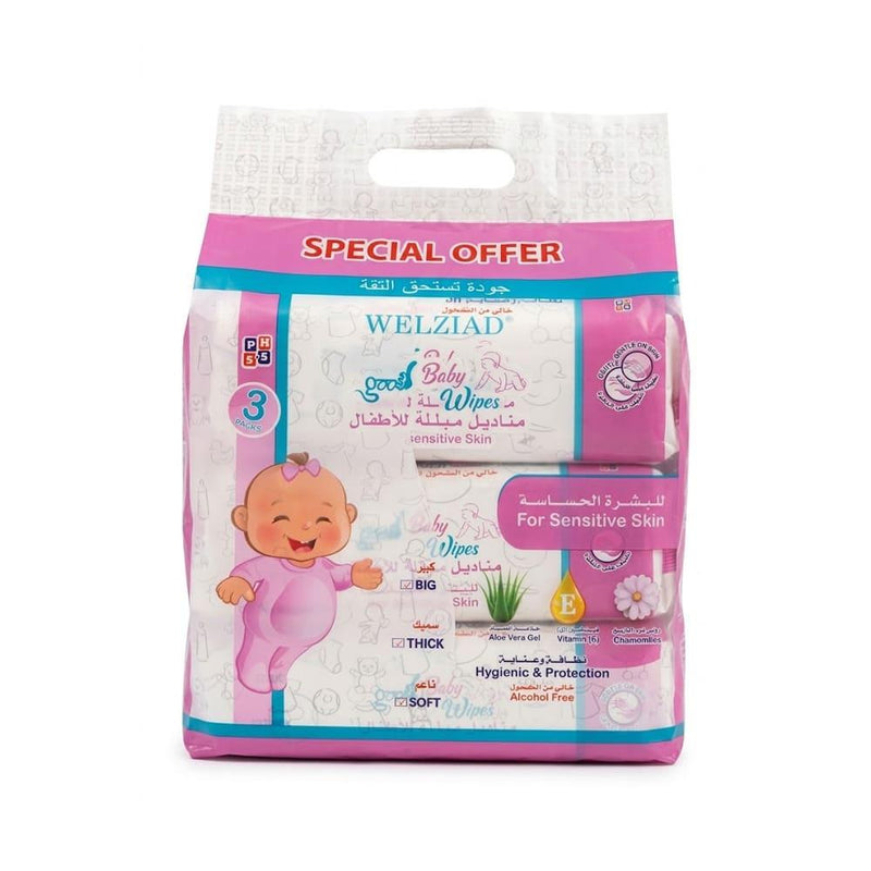 Baby Wipes for Sensitive Skin Aloe Vera Vitamin E Welziad 3x80