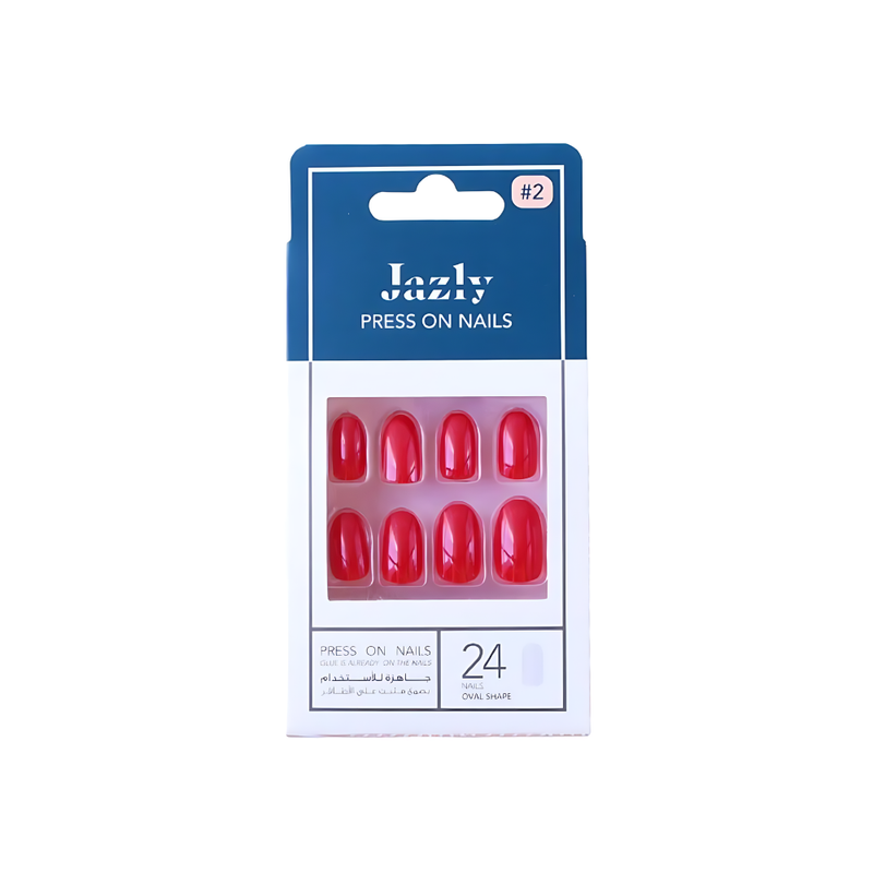Jazli Self-Adhesive Artificial Nails, Oval Shape, Red, 24 Count