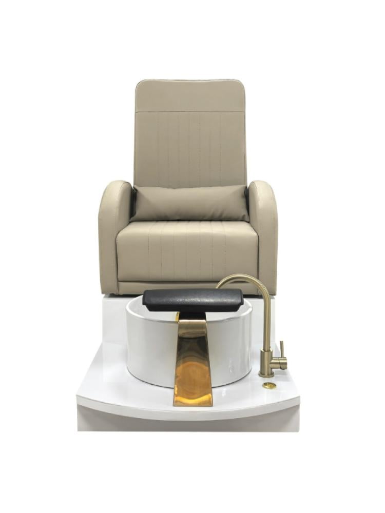 Salon System Pedicure Chair - Beige Leather, White Base, Storage Drawers