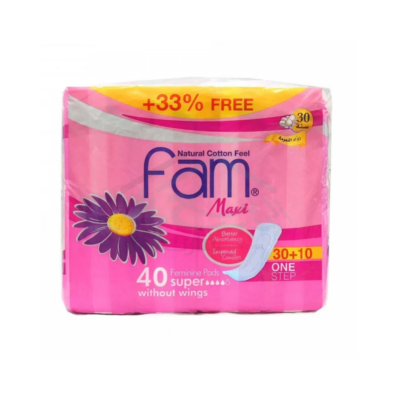 Fam Maxi Soft Cotton Sanitary Pads, Wingless, High Absorbency 40 Count