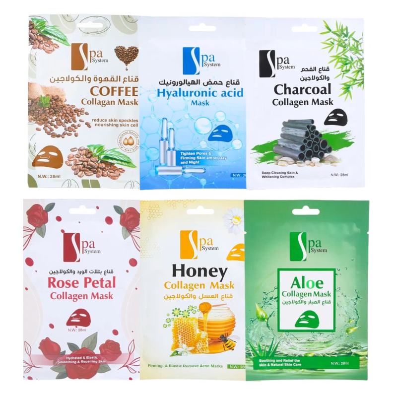 Spa System Facial Mask Set - Coffee, Hyaluronic Acid, Charcoal - 6 Masks