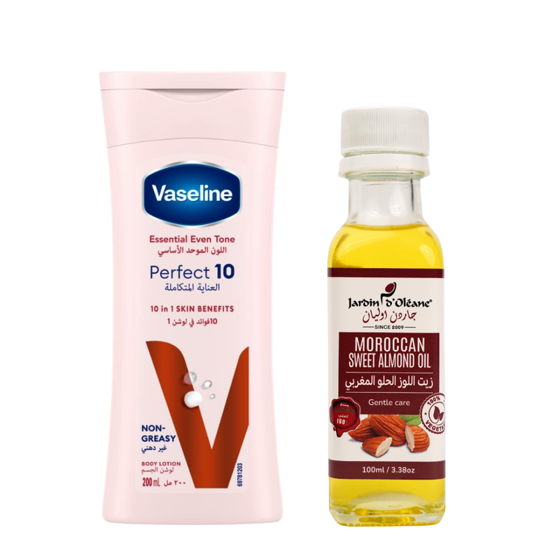 Body Care Set Even Tone Lotion Sweet Almond Oil Vaseline 200ml+100ml