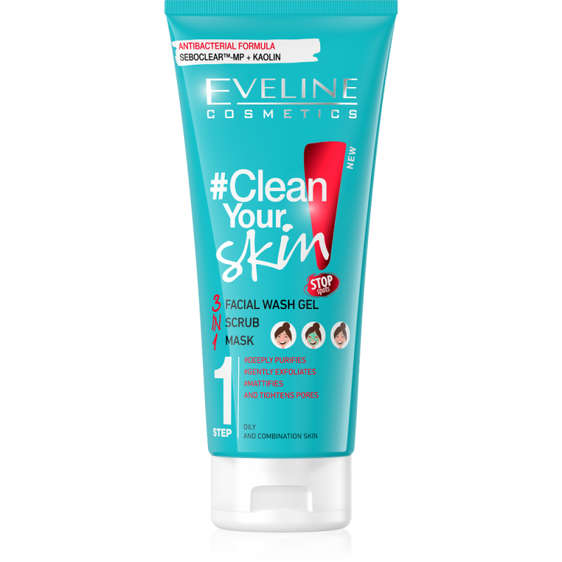 Face Wash 3-in-1 Gel Scrub Mask Oily Combination Skin Eveline 200ml