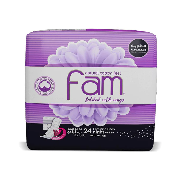 Fam Nighttime Feminine Hygiene Pads with Wings, Maximum Absorbency 24 Count