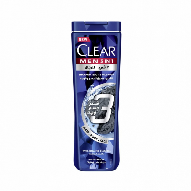 Clear 3-in-1 Shampoo, Face and Body Wash, Activated Charcoal, 400 ml