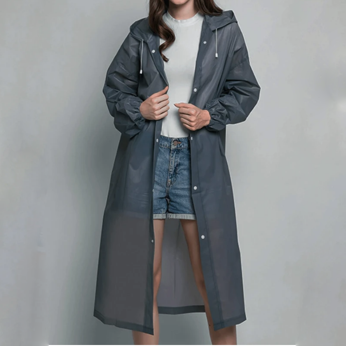 Long Raincoat Women Lightweight EVA Gray Strap Hooded Apparel 1 Piece