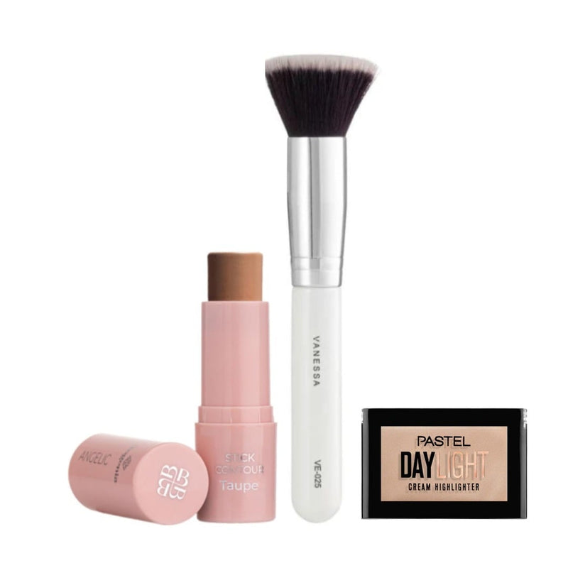 Contour Makeup Kit 3-Piece Sculpting Set Cream Stick Highlighter Brush