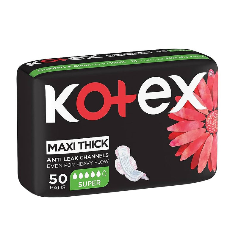 Kotex Maxi Super Sanitary Pads with Fast Absorbing Core, 50 Count