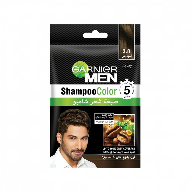 Garnier Men Hair Color Shampoo, Black Brown 3.0, Ammonia-Free, 5-Minute