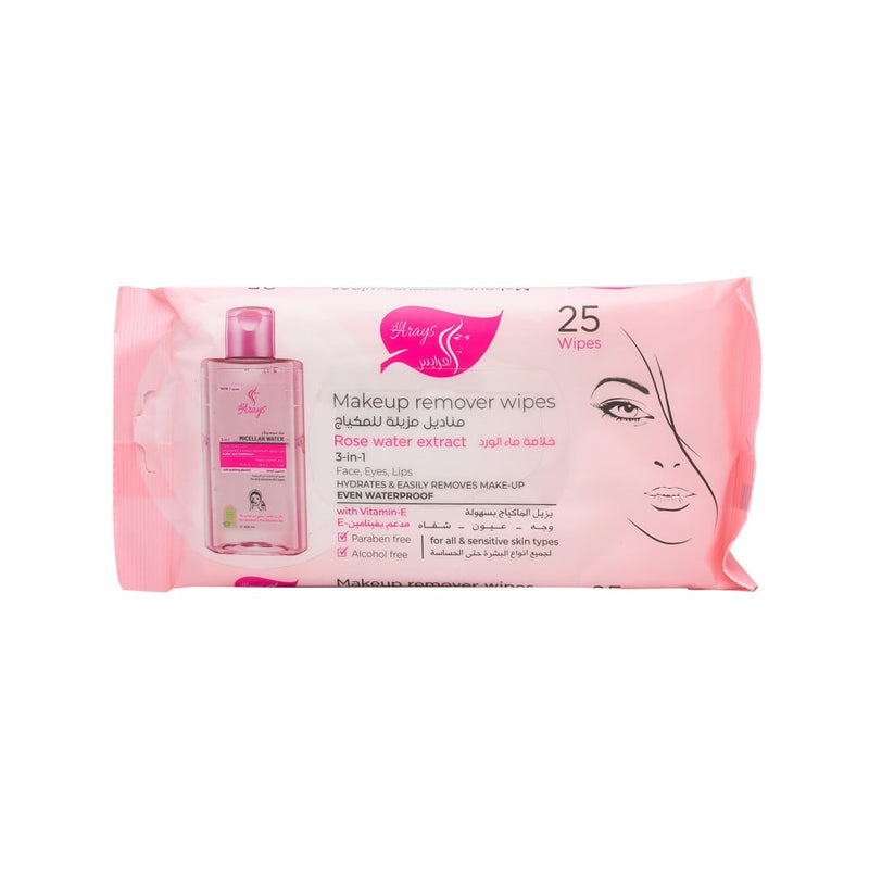 Al Arayes Rosewater Makeup Remover Wipes, 25 Count