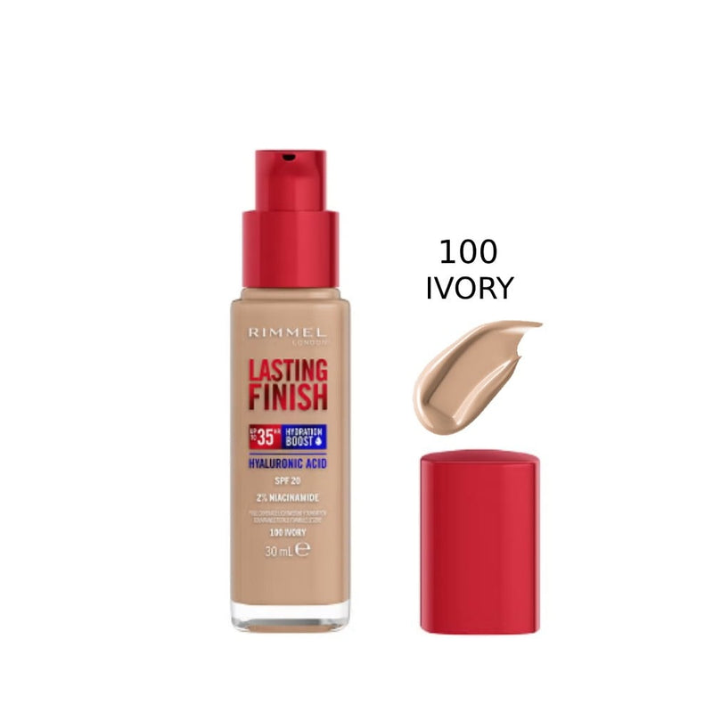 Rimmel London Lasting Finish Foundation, Ivory 100, Hyaluronic Acid, SPF 20, 30ml