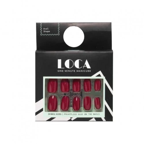 Loca Self-Adhesive Artificial Nails, Dark Red, Natural Shape, 24 Pieces