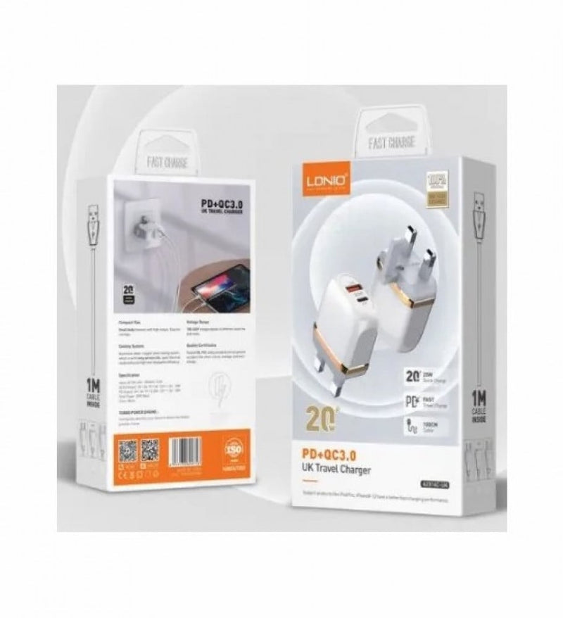 Ldnio 20W USB Wall Charger 1 PD and 1 QC3.0 Port UK 3-Pin Plug