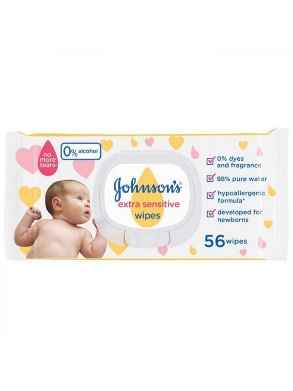 Johnson's Baby Wipes Ultra Sensitive - 97% Water, Gentle Cleansing, 56 Count