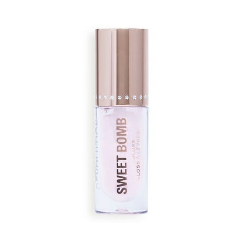 Makeup Revolution Sweet Bomb Lip Gloss in Candy Floss Pink Glitter with Rhinestone Cap