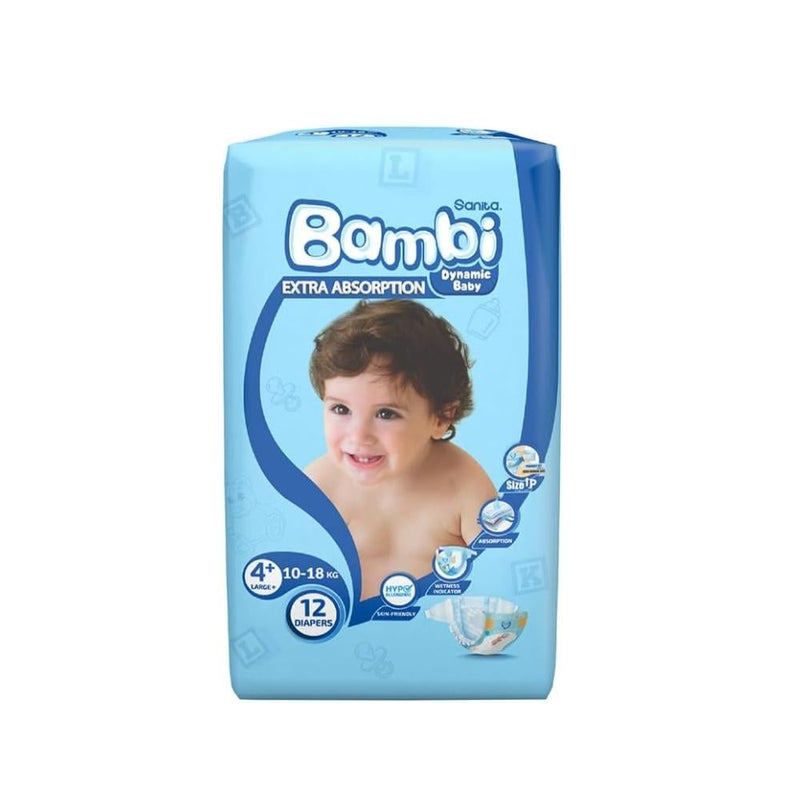 Sanita Bambi Baby Diapers Size 4+ Large Plus 10-18 kg 12 Count
