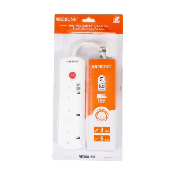 Rebune Power Strip 3-Outlet 2990W with 5-Meter Cord - White RE300-5M