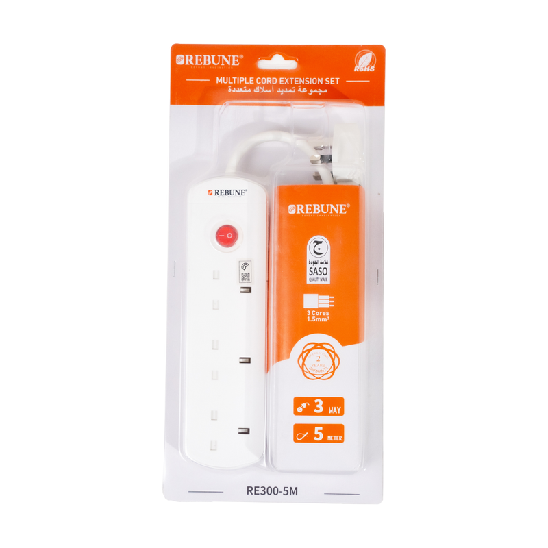 Rebune Power Strip 3-Outlet 2990W with 5-Meter Cord - White RE300-5M