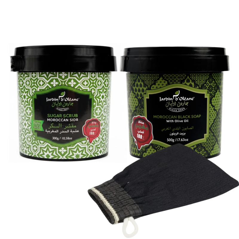 Garden Olean Moroccan Scrub and Soap Set - Olive Oil, Sidr, Exfoliating Loofah