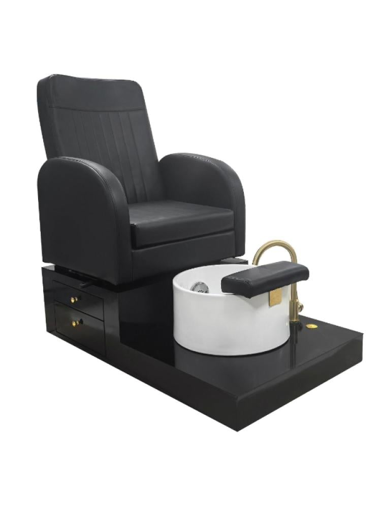 Salon System Pedicure Chair - Black Leather, Ceramic Basin, Side Drawers