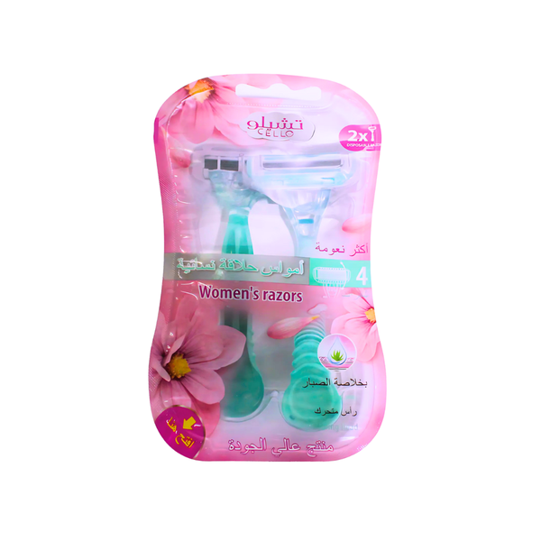 Cello Women's 4-Blade System Razor, Sensitive Skin, 2 Pack