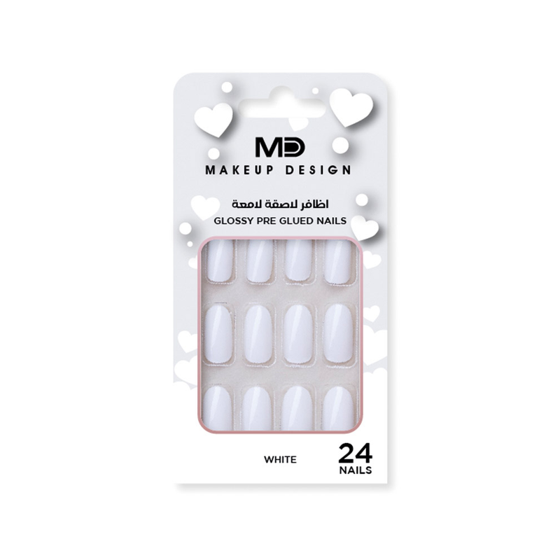 White Press On Nails Glitter Design Reusable Adhesive MD 19
