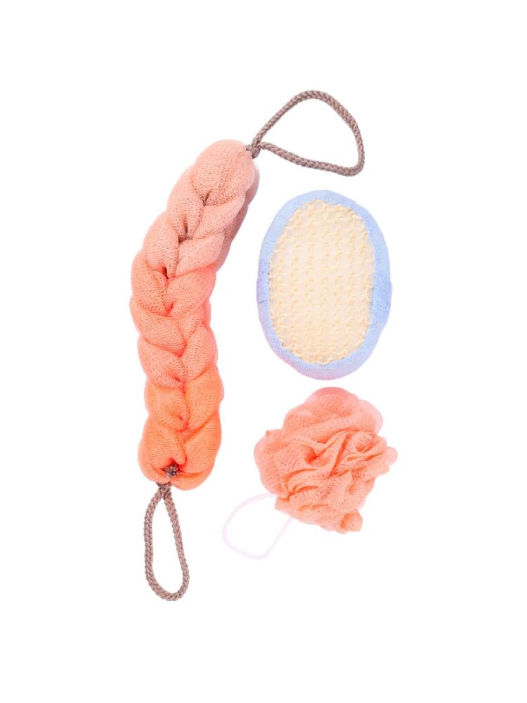 Spa System Body Loofah Set - Back Scrubber, Mesh Puff, Exfoliating Mitt - 3 Pieces