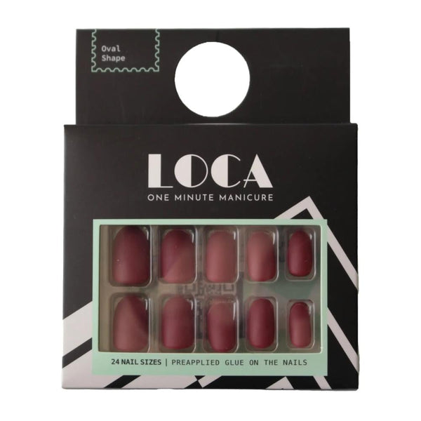 Press On Nails Matte Burgundy Oval Shape Adhesive Set LOCA 24 Pcs