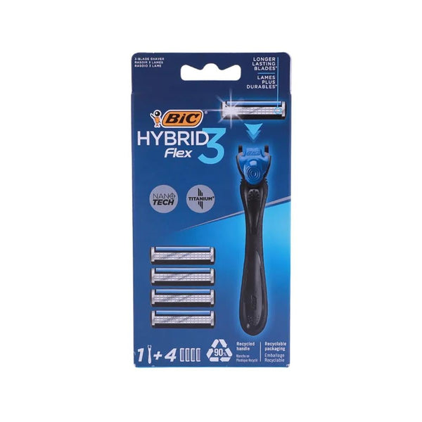 Hybrid Razor Flex 3 Blades Aloe Vera BIC 1 Handle + 4 Refills