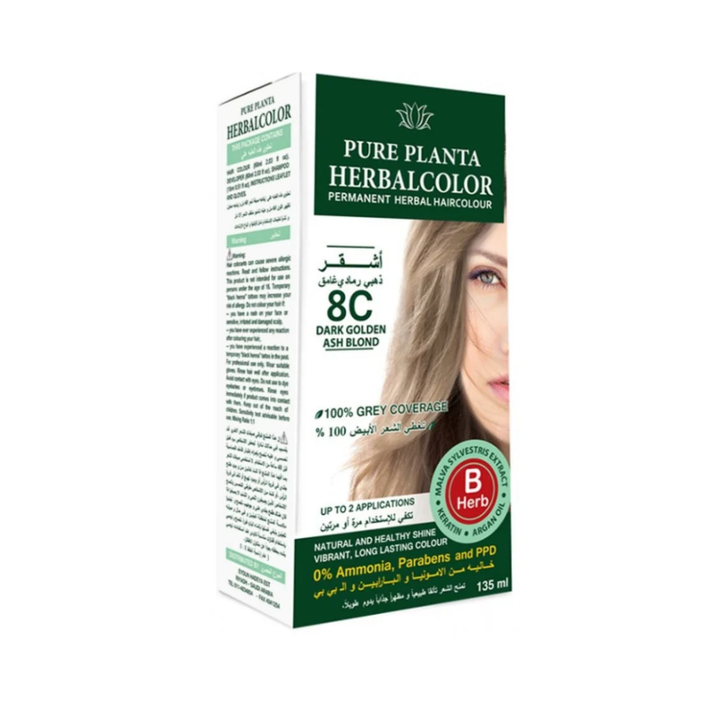 Pure Planta Ammonia-Free Hair Dye, 8C Dark Ash Golden Blonde, 135ml